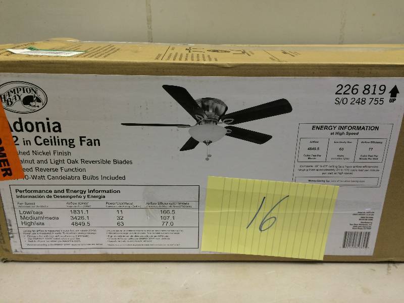 lot 16 image: Hampton Bay Adonia 52 in. Brushed Nickel Ceiling Fan in Original Box never been used Stock and actual photos used to display item
