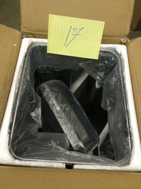 lot 17 image: iTouchless Square Touchless 13-Gallon Trash Can MX Stainless Steel in Original Box never been used Stock and actual photos used to display item