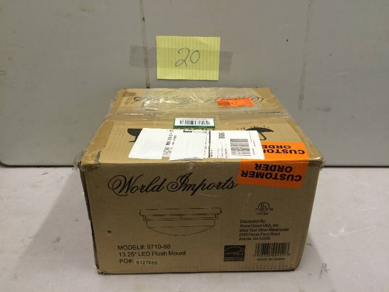 lot 20 image: World Imports 13 In. Oil Rubbed Bronze Led Flushmount W Frosted Glass 9710-88 in Original Box never been used Stock and actual photos used to display item