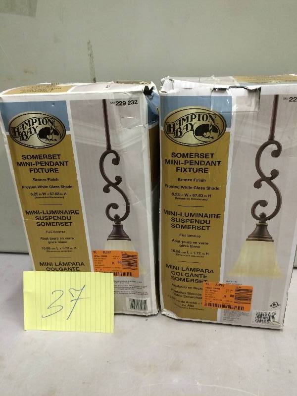 lot 37 image: Set of 2 Hampton Bay Somerset 1-Light Oil-Rubbed Bronze Mini Pendant in Original Box never been used