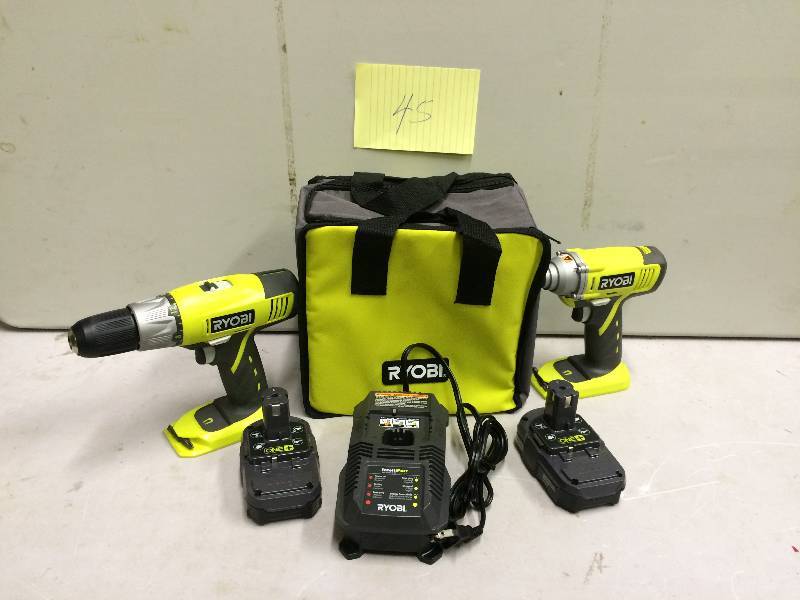 lot 45 image: Ryobi ONE 18-Volt Lithium-Ion Cordless DrillDriver and Impact Driver Kit (2-Tool)  in like New working conditions Stock and actual photos used to display item