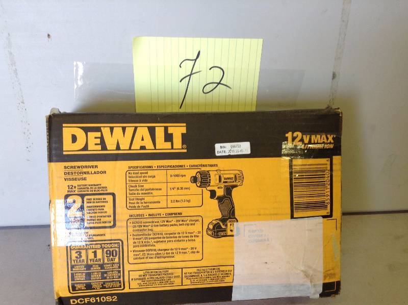 lot 72 image: Dewalt 12-Volt Max Lithium-Ion 14 in. Cordless Screwdriver Kit model DCF610S2 in like new condition Stock and Actual pictures taken to display Item