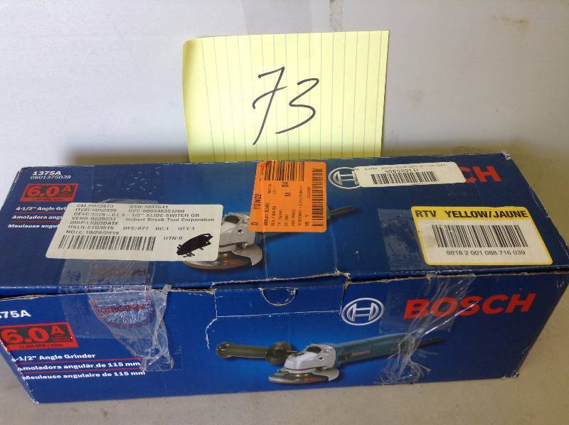 lot 73 image: BOSCH 6 Amp Corded 4-12 in. Small Angle GrindeR Never used stock and actual Pictures used to display the item