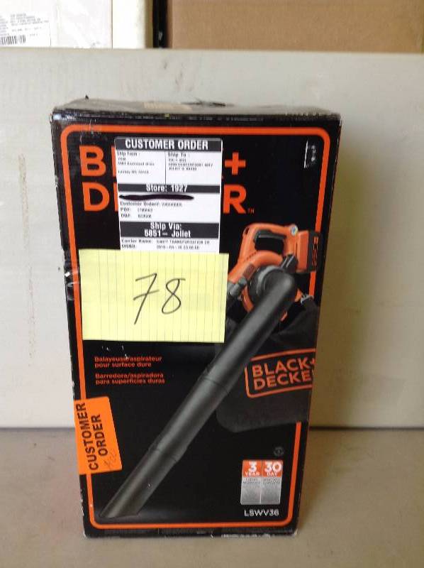 lot 78 image: Black and Decker 120 MPH 90 CFM 40-Volt Lithium-Ion Cordless Leaf Blower New stock and actual pictures used to display item.