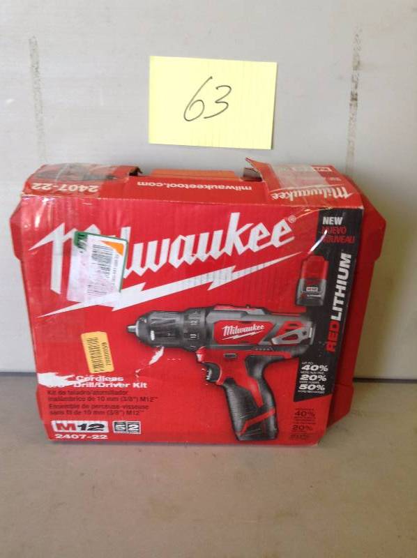 lot 63 image: Milwaukee M12 12-Volt Lithium-Ion 38 in. Cordless DrillDriver Kit Never used actual and stock photos used to display item
