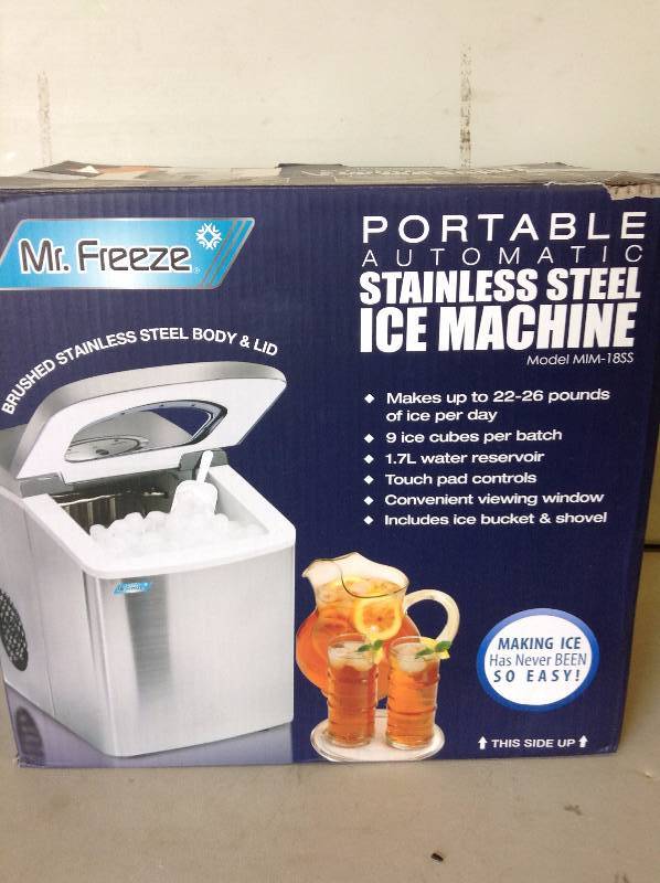 lot 84 image: Mr Freeze MIM 18SS Maxi Matic Portable Ice Maker with Lid Grey Stainless Steel in like New Condition