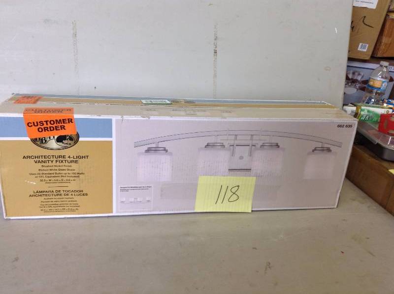 lot 118 image: Hampton Bay Architecture 4-Light Brushed Nickel Vanity Light Never used actual and stock photos used to display item