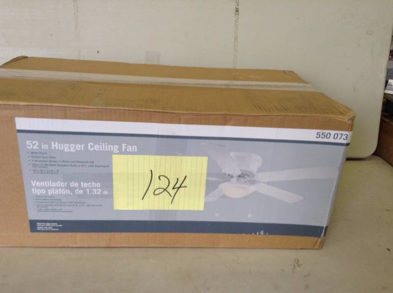 lot 124 image: Hampton Bay Hugger 52 in. White Ceiling Fan with Reversible White and Brown Blades