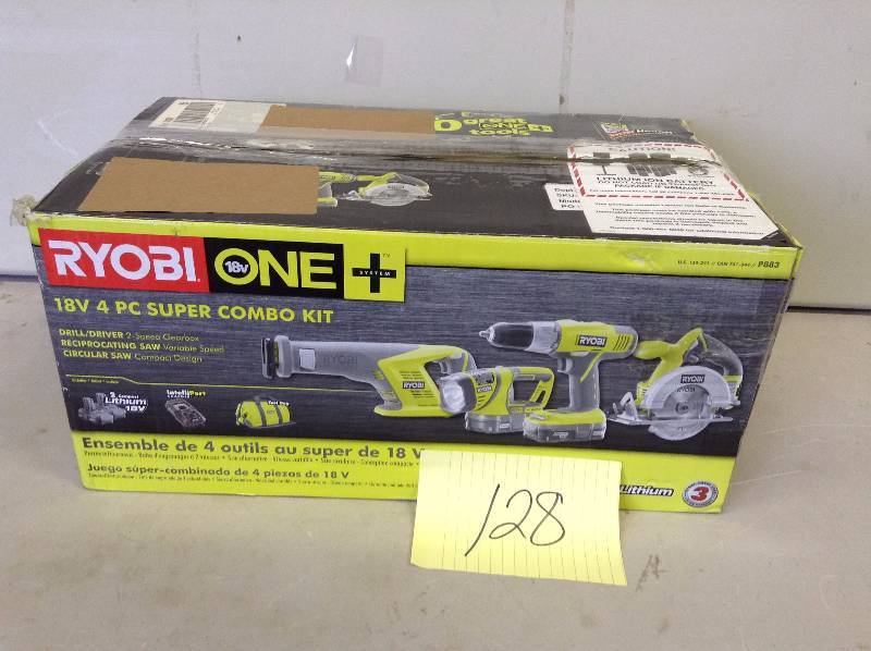 lot 128 image: Rioby ONE 18-Volt Lithium-Ion Cordless Super Combo Kit (4-Piece) New stock and actual pictures used to display item