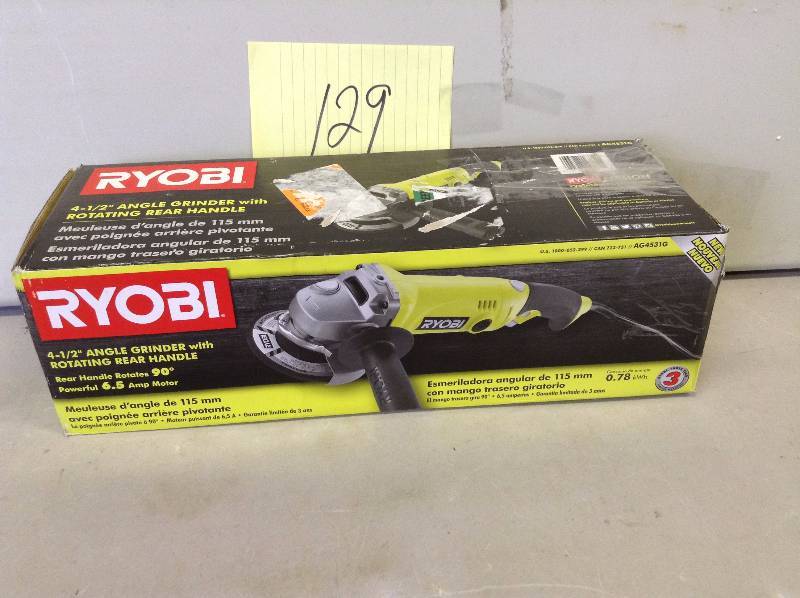 lot 129 image: Rioby 6.5-Amp Angle Grinder Never usedstock and actual pictures used to display Item