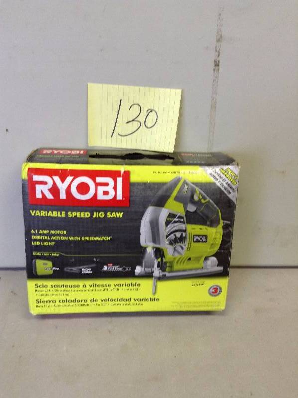 lot 130 image: Ryobi 6.1-Amp Variable Speed Orbital Jigsaw with Speed Match Never used Stock and actual photos used to display item