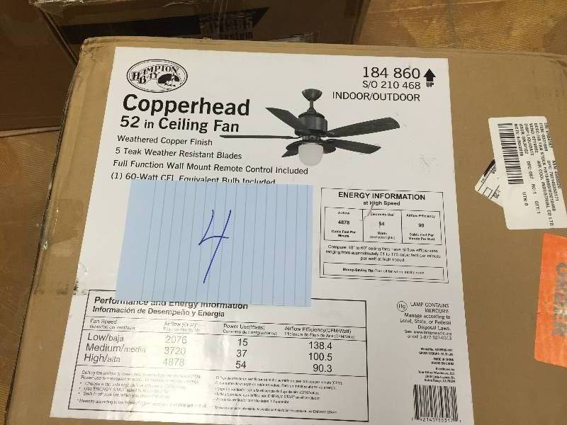 lot 4 image: Hampton Bay 52 in Ceiling Fan weathered Copper Finish New stock and actual photos used to display item