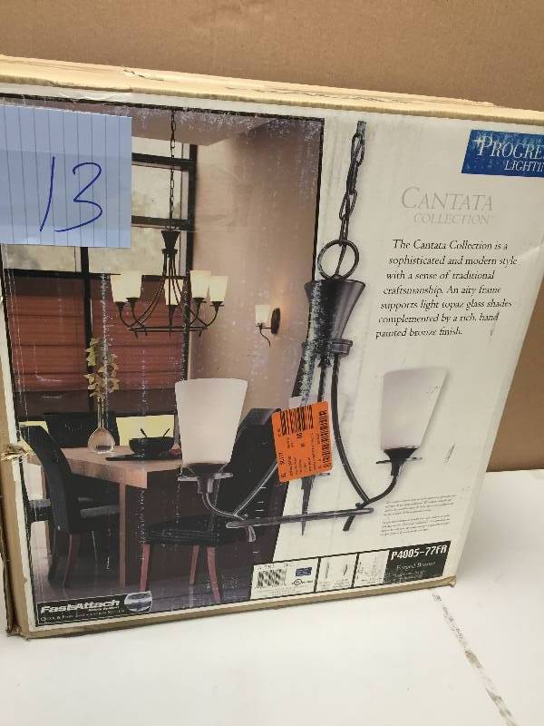 lot 13 image: Progress Lighting Cantata Collection 3 Light Forged Bronze Chandelier Never used stock and actual photos used to display item