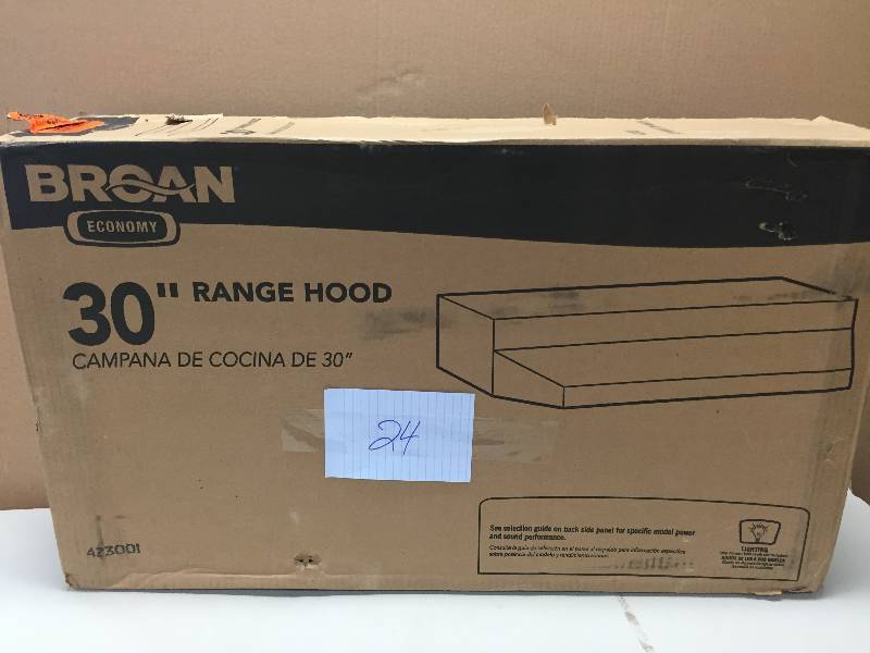 lot 24 image: Broan 30 Range Hood Never Used stock and actual photos used to display item