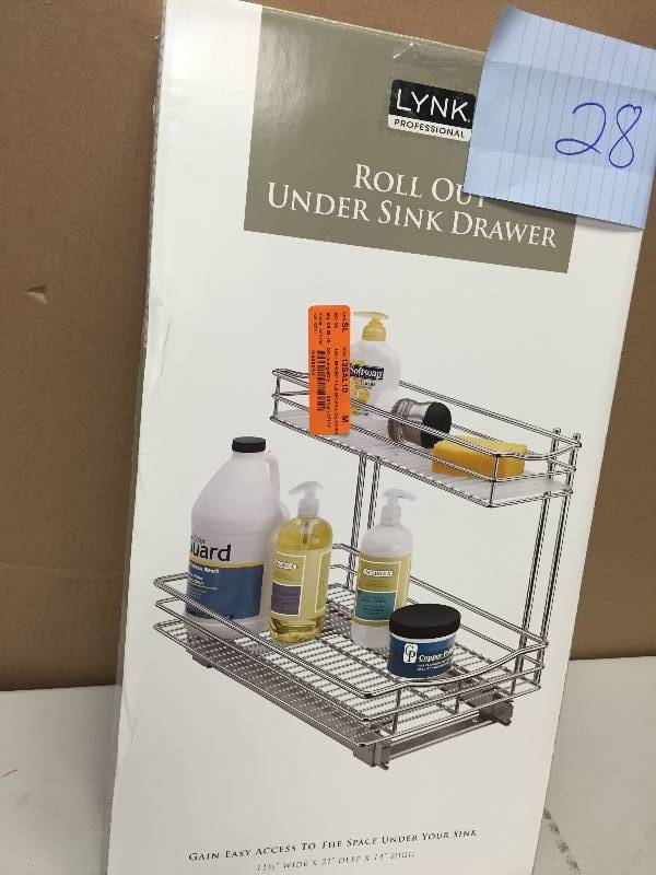 lot 28 image: Lynk Professional Roll Out Under Sink Cabinet Organizer - Pull Out Two Tier Sliding Shelf - 11.5 in. wide x 21 inch deep - Chrome New