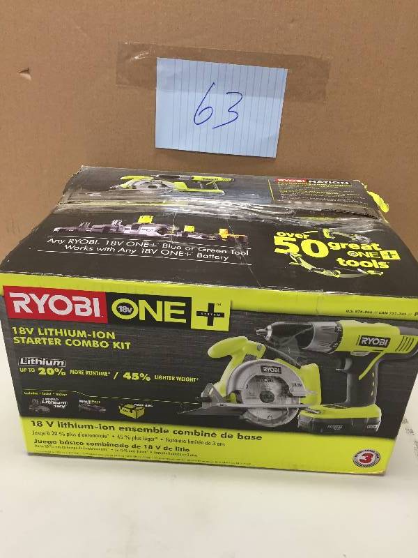 lot 63 image: Ryobi One 18v Lithium-ion Starter Combo Kit 2 Tool Drill Saw Pro Contractor P825