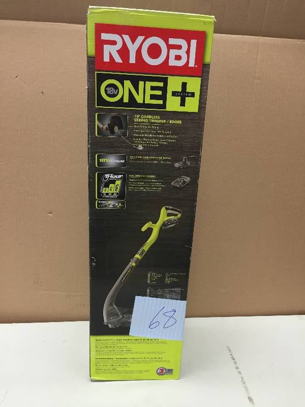 lot 68 image: Ryobi One 18V 10 Cordless String Trimmeredger never used stock and actual pfhoto used to display the item