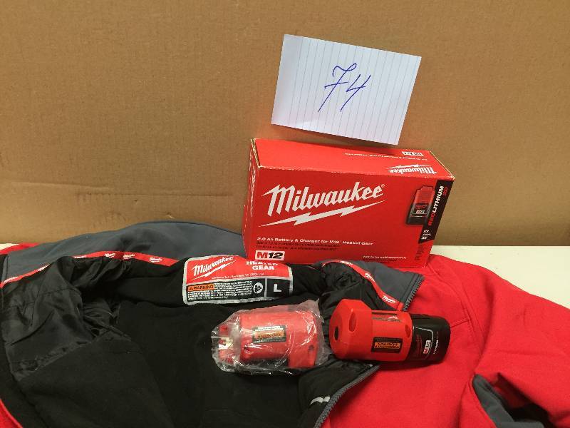 lot 74 image: Milwaukee Large M12 Cordless Lithium-Ion Red Heated Jacket includes battery and charger never used