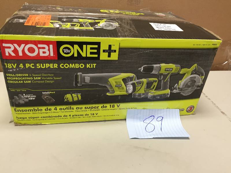 lot 89 image: Ryobi One 18v Lithium-ion 4 PC Super Combo Kit Never used