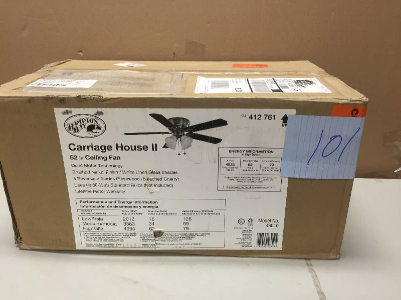 lot 101 image: Hampton Bay Carriage House II 52 in Ceiling Fan Never used Stock and actual photos used to display item