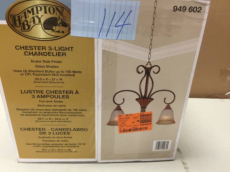 lot 114 image: Hampton Bay Chester 3 Light Chandelier Never Used Stock and actual photos used to display item