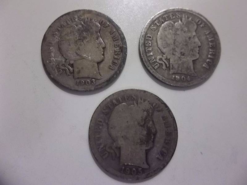 1903 , 1904 , 1905 Barber Dimes
