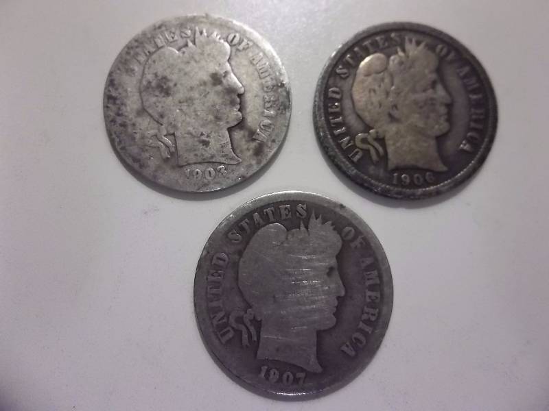 1903 , 1906 S , 1907 Barber Dimes
