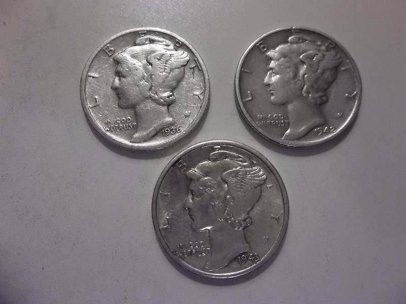 1936, 1942, 1943 D Mercury Dimes Better Grades & Brilliant