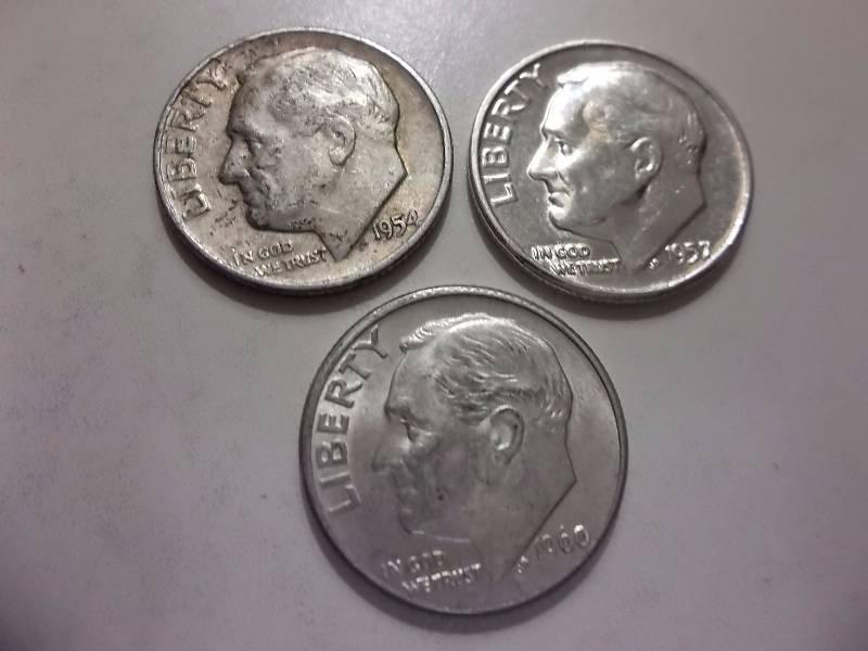 1954 D, 1957 (Mint Set Coin), 1960 D Roosevelt Dimes Better Grades