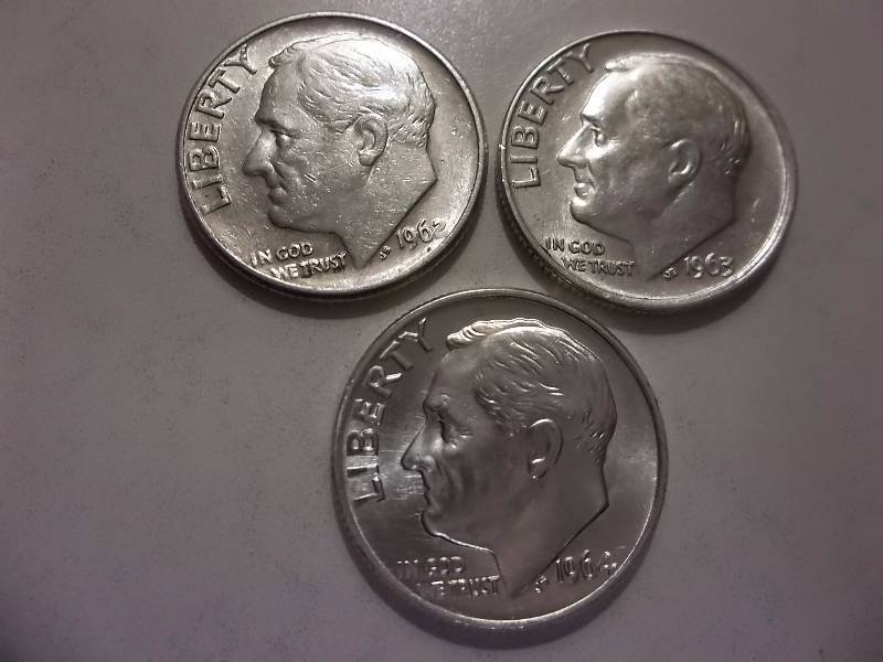 1962, 1963, 1964 Roosevelt Dimes Better Grade & Brilliant