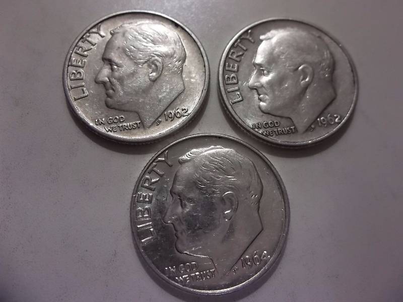 1962, 1962 D, 1964 D Roosevelt Dimes Better Grades & Brilliant