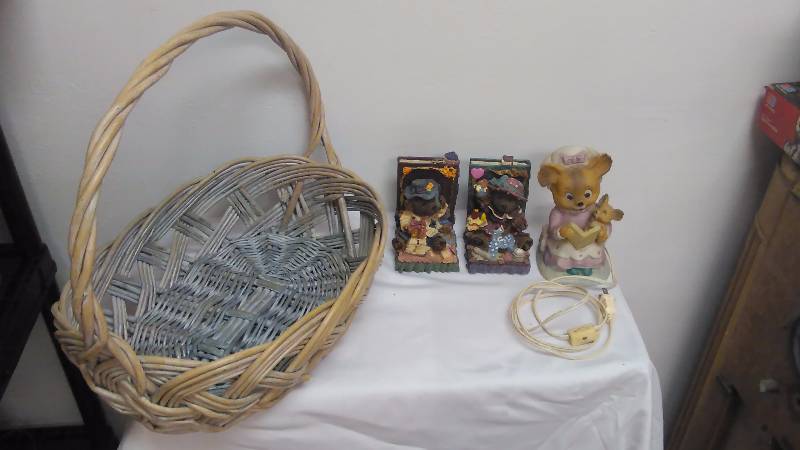 Basket, Book Ends and Ceramic night light (tested  working)