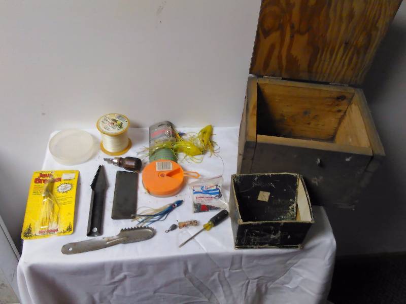 Vintage Wood box with fishing lures and gear