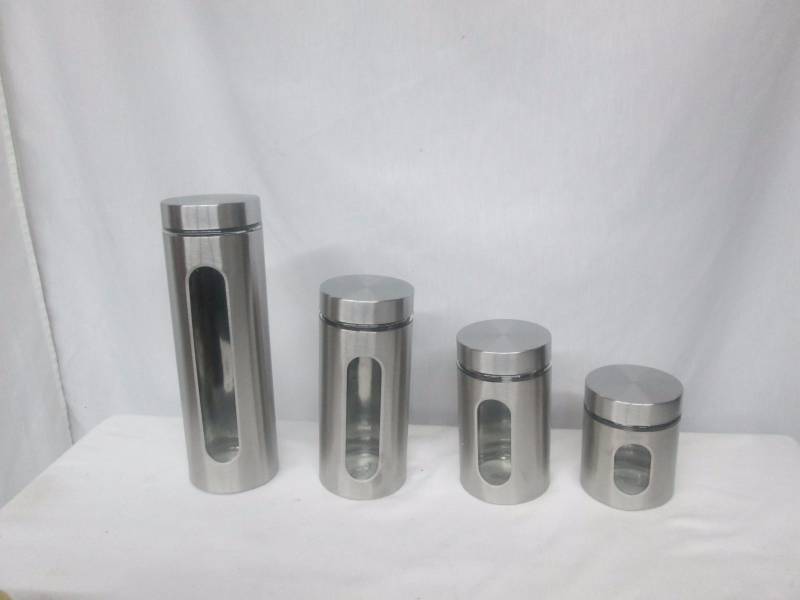 lot 55 image: Chefs Mark Metal Canisters with Glass Windows Set of 4