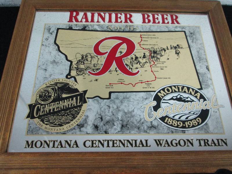 lot 19 image: Rainier Beer & Montana Centennial Wagon Train Mirror