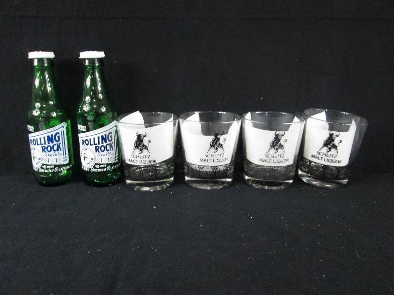 lot 150 image: Schlitz Malt Liquor Glasses & Rolling Rock Salt & Pepper