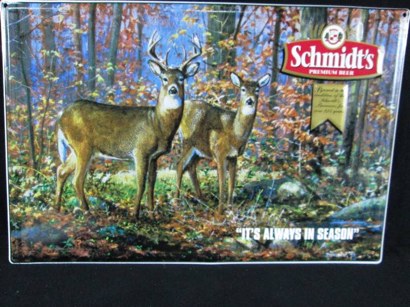 lot 175 image: Fantastic Embossed Schmidt Beer Tin Sign Deer
