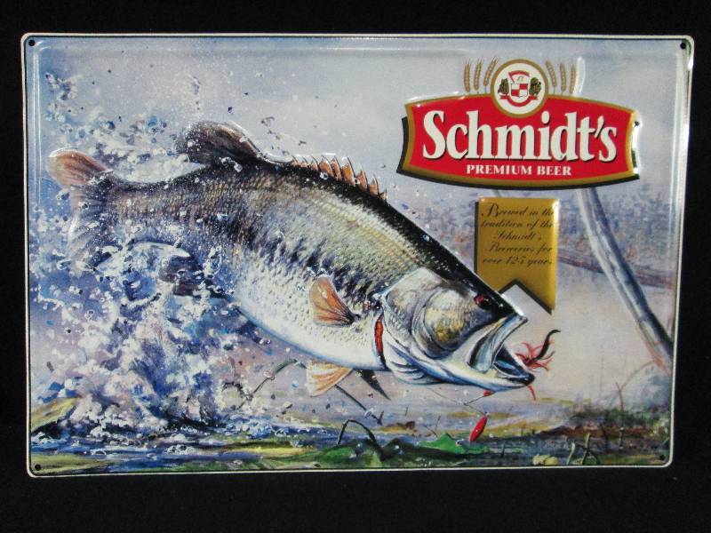 lot 177 image: Fantastic Embossed Schmidt Beer Tin Sign Bass