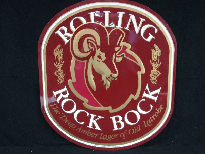 lot 178 image: Rolling Rock Bock Beer Embossed Tin Sign
