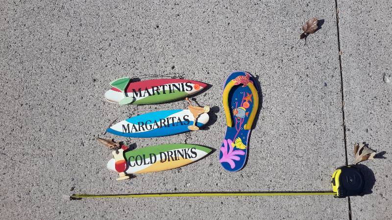Aluminum sandal sign & wood and wire sign of 3 surfboards