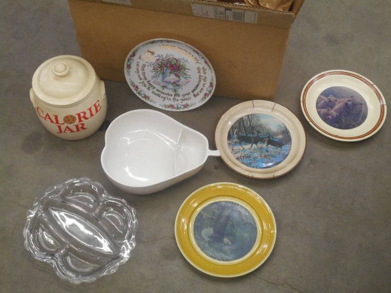 lot 66 image: Box Of Assorted Plates, Cookware, E...