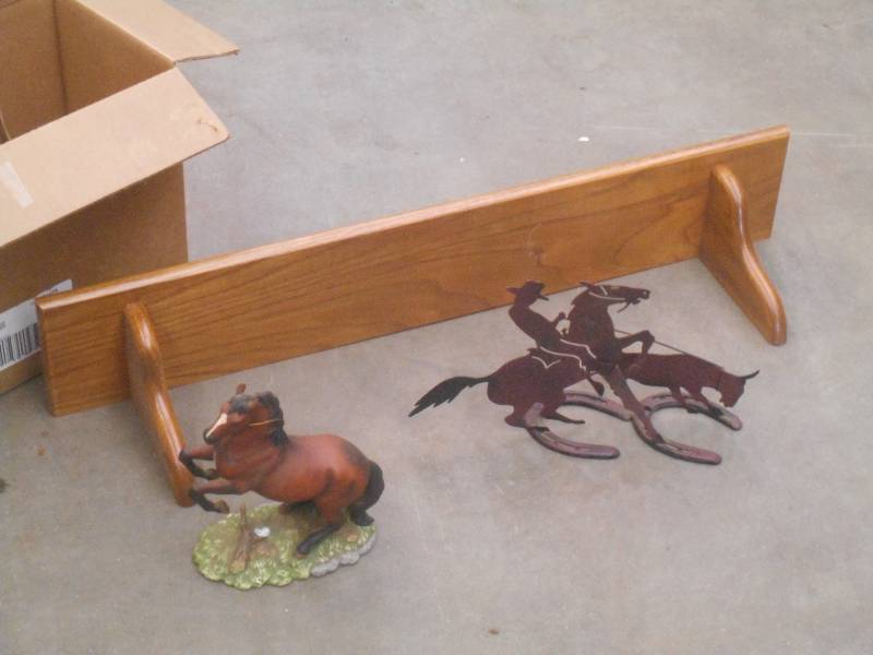 lot 75 image: Box Of Assorted Wood Shelf, Cowboy...