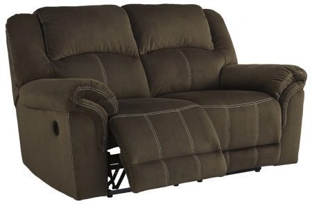 lot 5 image: BRAND NEW IN BOX - Signature Design by Ashley Quinnlyn 67 Reclining Loveseat with Jumbo Stitching, Metal Frame and Fabric Upholstery in Coffee Color