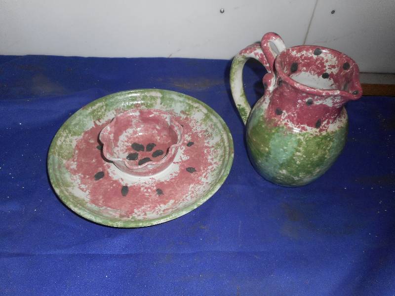 CLAY WATER MELON PITCHER AND PLATE