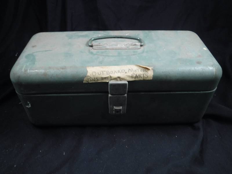 lot 60 image: Vintage Toolbox with Vintage Outboard Motor Parts
