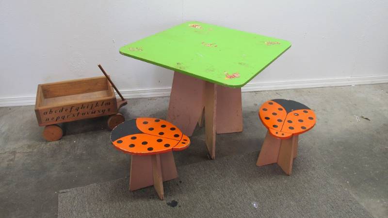 Vintage Wood Childs Table & Stools  Toy Wagon
