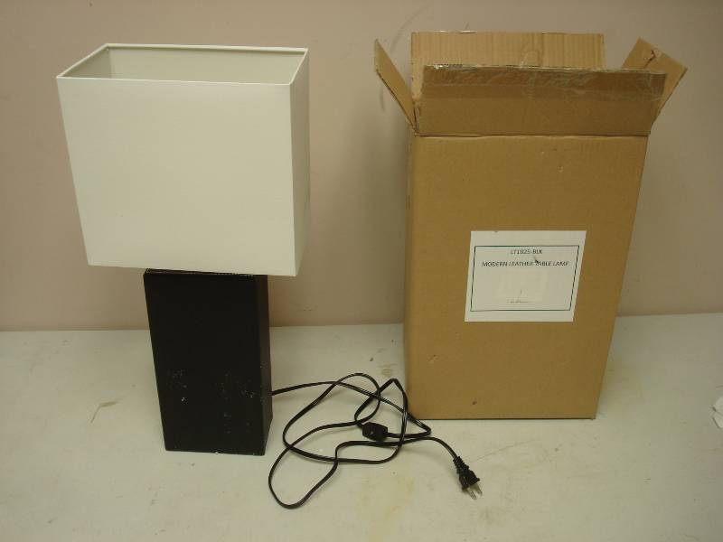 lot 23 image: Unused Leather Table Lamp, Has Some Styrofoam Residue On It