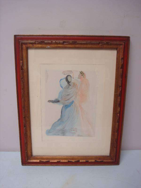 lot 51 image: Vintage Salvador Dali Divine Comedy Woodblock Engraving Frame Print - Beatrice Comforts Of A Poet, Looks Unsigned