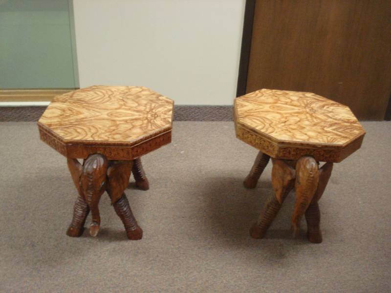 lot 83 image: Pair Of Elephant Shaped End Tables, Used, Some Wear, One Is Missing A Tail