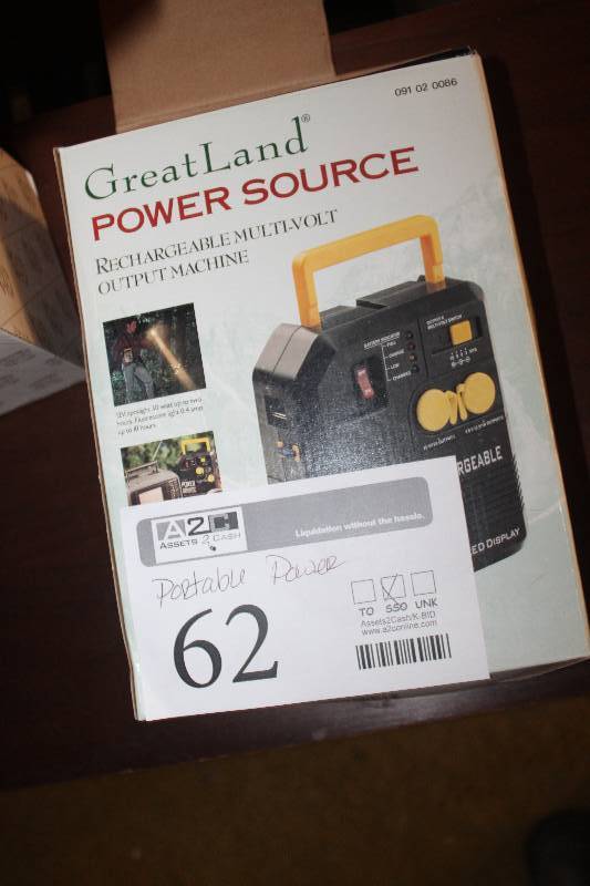 lot 62 image: Great Land Power Source Rechargeable Multi-volt Output Machine Portable Power